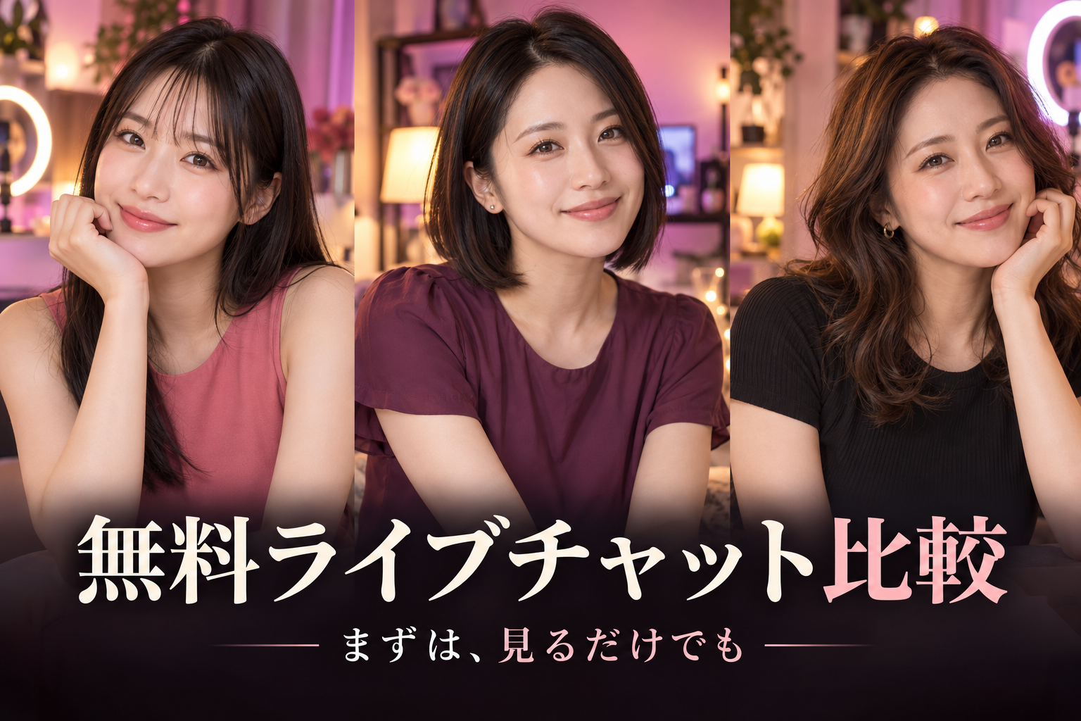 無料ライブチャット比較。ローズ色の配信ルームと成人女性3人の写真風イメージ